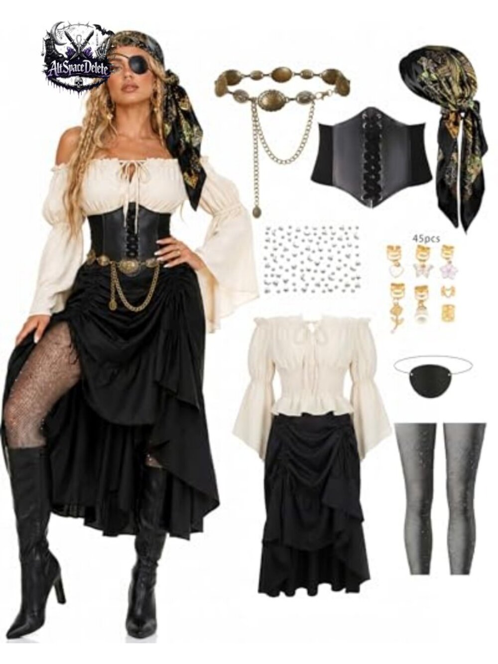 Pirate Costume Women 9-Piece Renaissance Halloween Outfit Faux Leather Corset